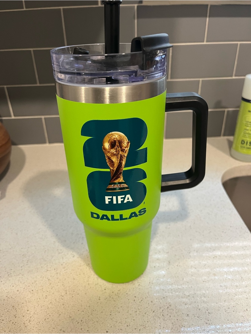 FIFA Dallas ‘26 Lime Green Insulated Travel Mug with Handle